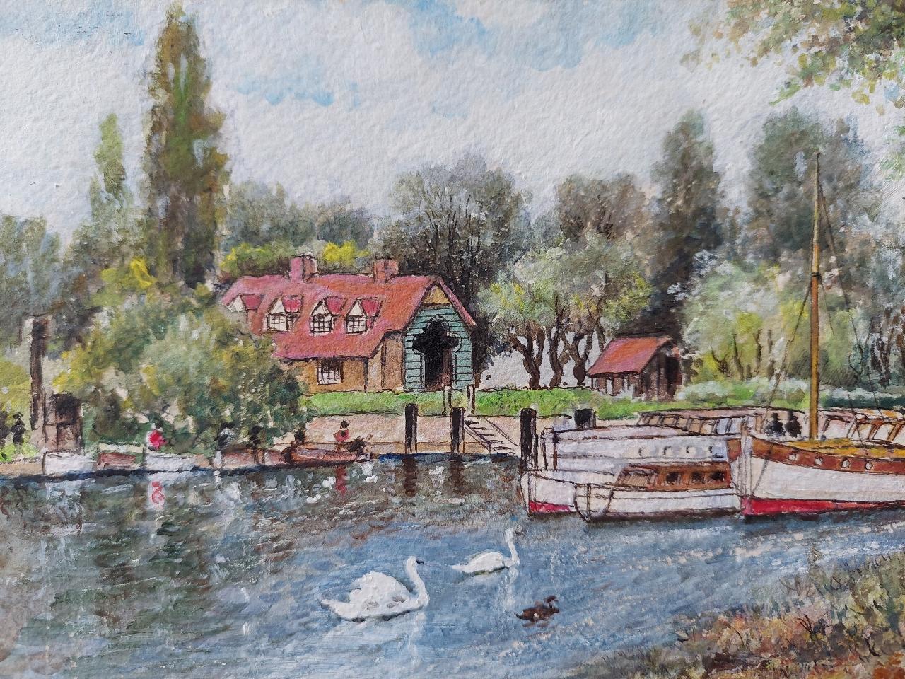 Traditional English Painting Angler Fishing at Teddington, London England For Sale 5