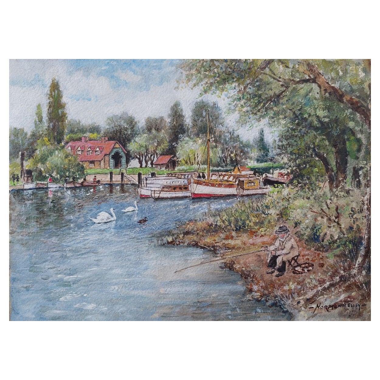 English  School Landscape Painting - Traditional English Painting Angler Fishing at Teddington, London England