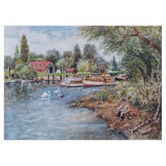 Traditional English Painting Angler Fishing at Teddington, London England