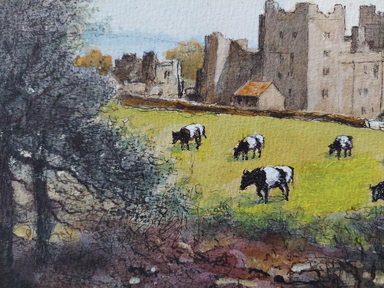 Artist/ School: Norman A. Olley ( British, 20th Century, 1908-1996), 1995, signed to the front and inscribed verso

Title - Bolton Castle, Yorkshire, England. Cattle grazing the fields below the 14th Century medieval Bolton Castle, with birds flying