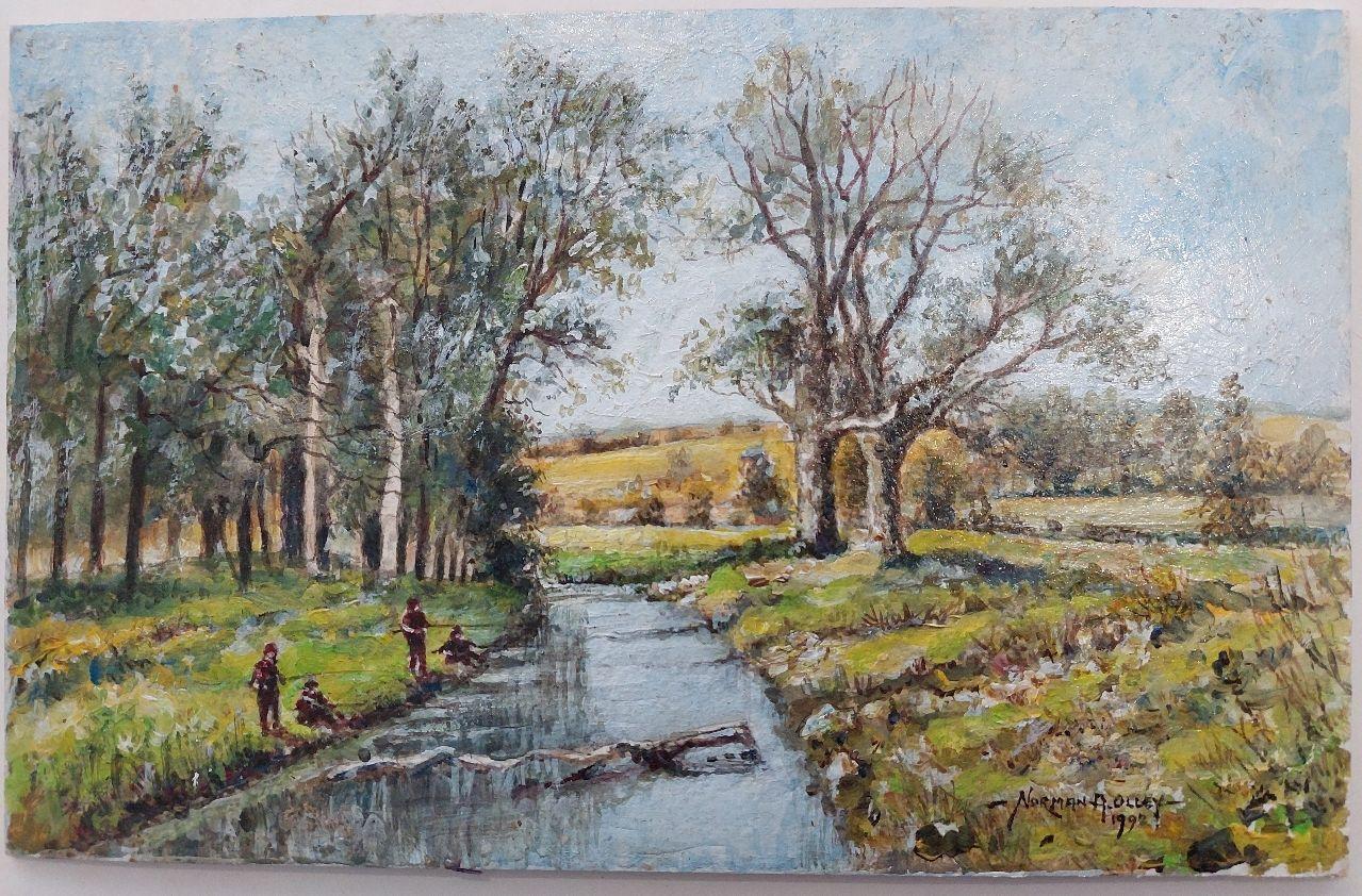 Traditional English Painting Boys Fishing near Upnor in Kent For Sale 9