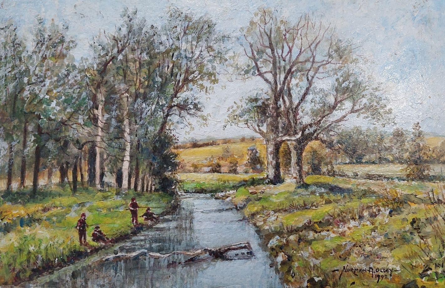 Artist/ School: Norman A. Olley ( British, 20th Century, 1908-1996), 1992, signed to the front and inscribed verso

Title - Boys Fishing a Stream near Upnor in Kent. Lovely pastoral scene of young boys fishing in a calm stretch of water under