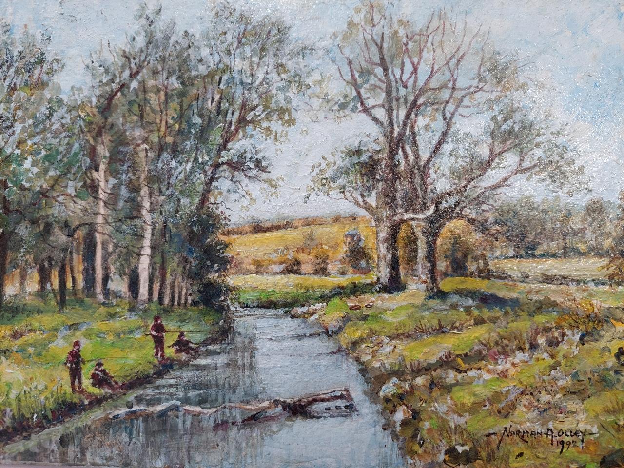 Traditional English Painting Boys Fishing near Upnor in Kent For Sale 1