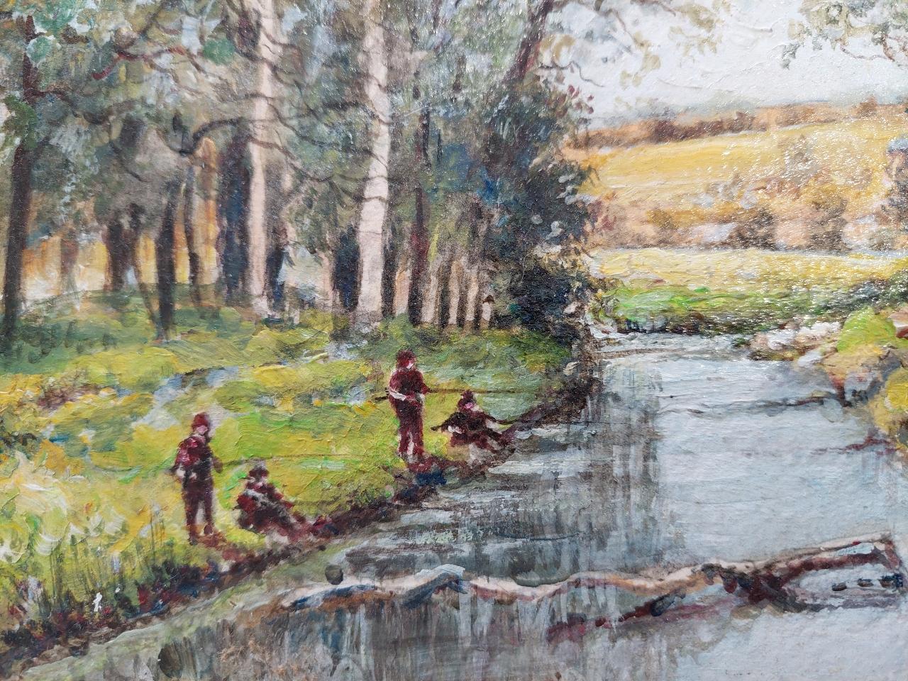 Traditional English Painting Boys Fishing near Upnor in Kent For Sale 2