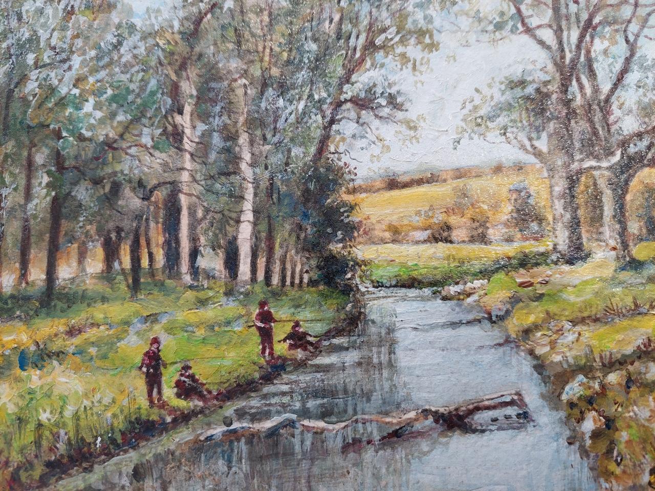 Traditional English Painting Boys Fishing near Upnor in Kent For Sale 6