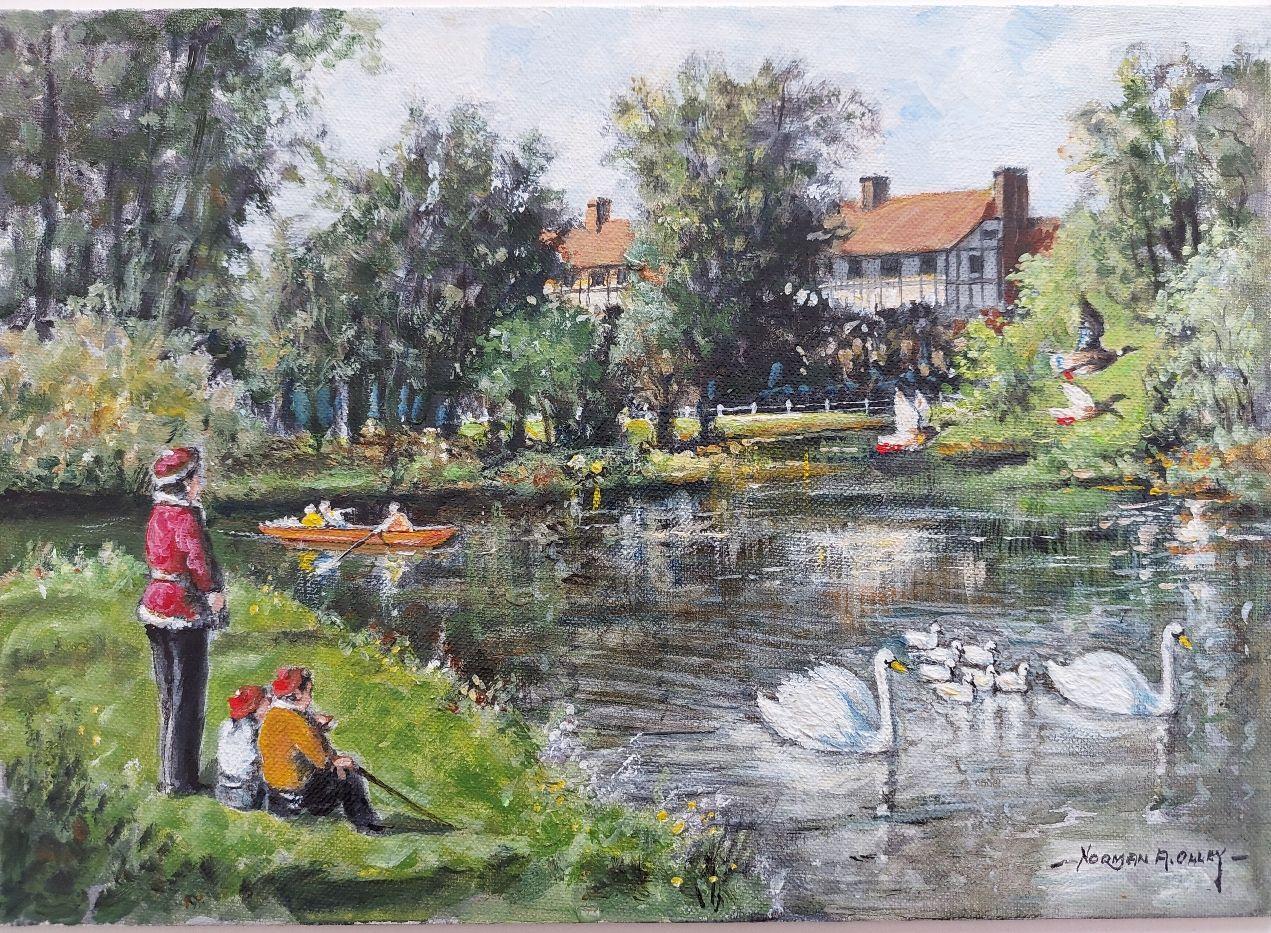 Traditional English Painting By the River Mole, East Molesey, Surrey England - Gray Landscape Painting by English  School