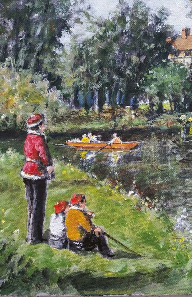 Artist/ School: Norman A. Olley ( British, 20th Century, 1908-1996), undated, signed to the front and inscribed verso

Title - By the River Mole, East Molesey, Surrey, England
Figures on the river bank watching a rowing boat and swans with their