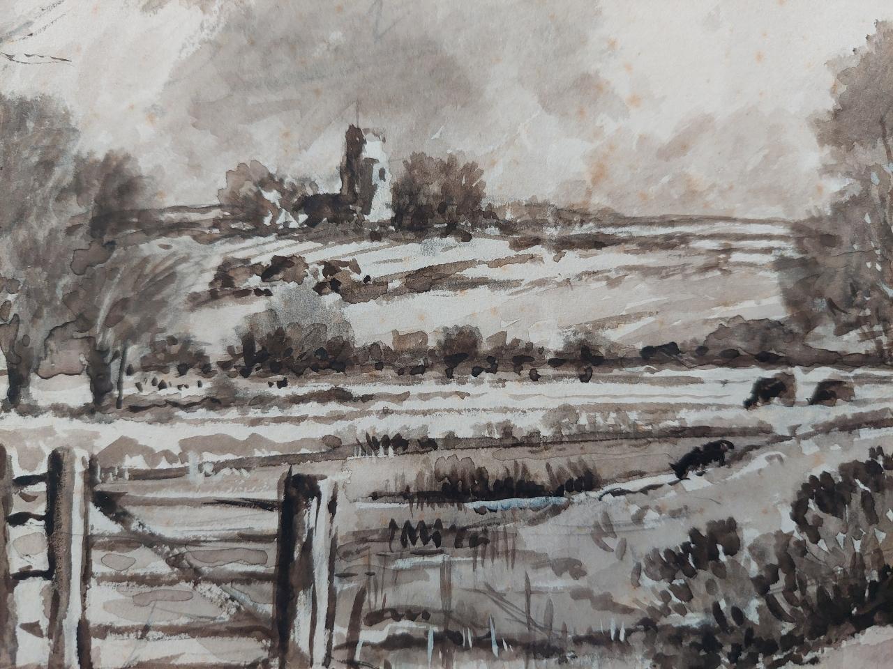 Traditional English Painting Chalk Church from Fulborough Marshes in Kent For Sale 1