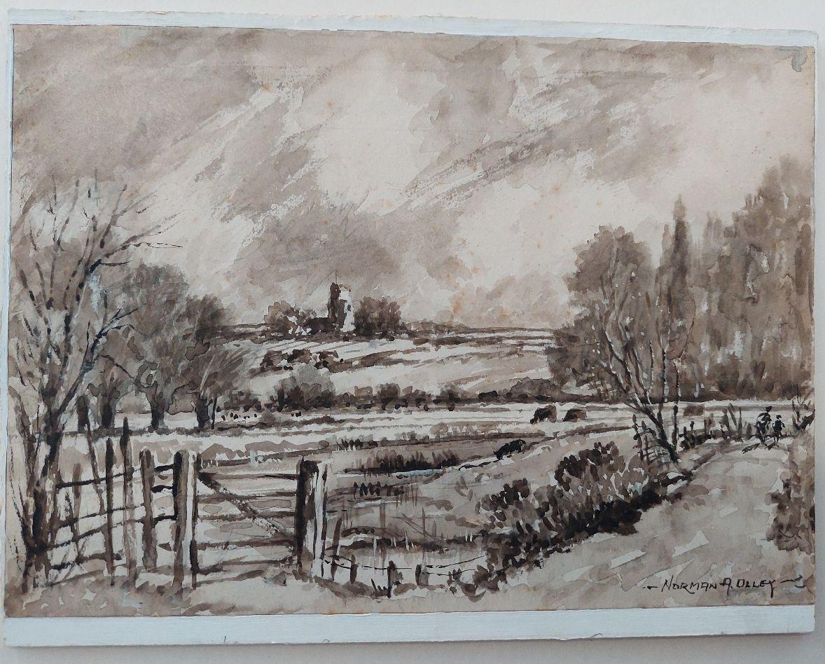 Traditional English Painting Chalk Church from Fulborough Marshes in Kent For Sale 2