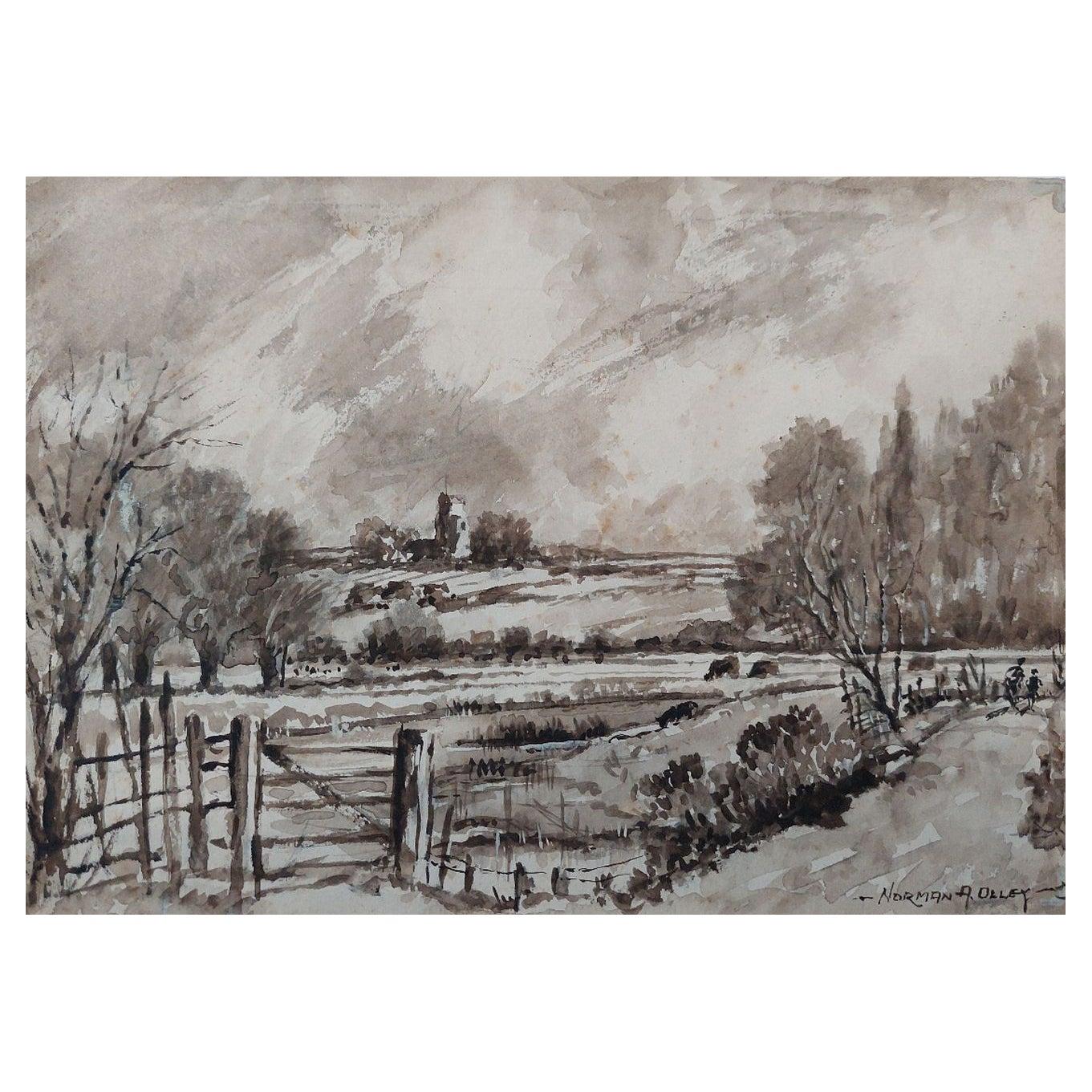 Pintura inglesa tradicional Iglesia de Tiza de Fulborough Marshes en Kent