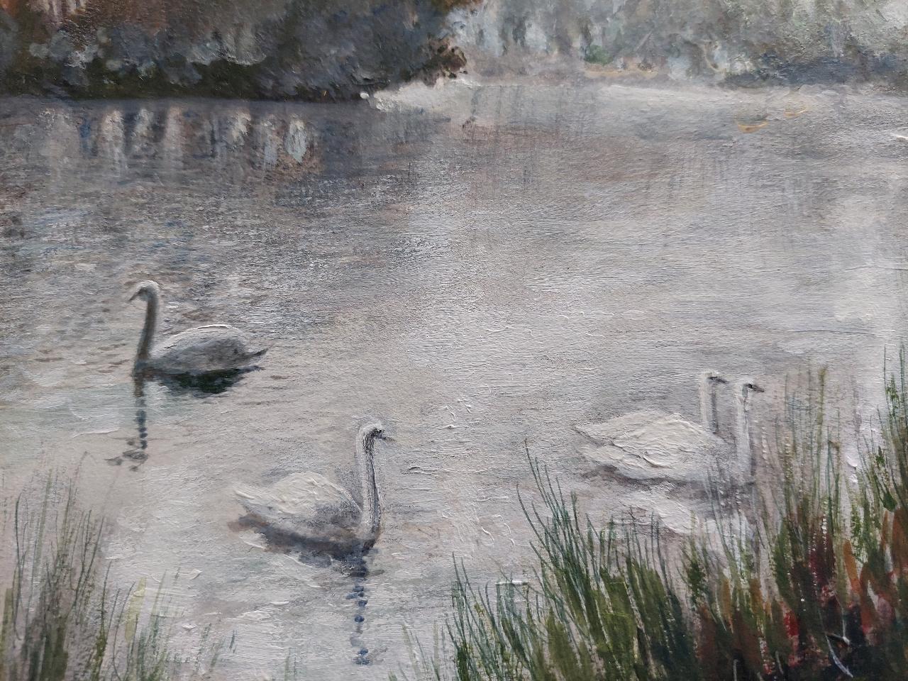 Traditional English Painting Children Feeding Swans Richmond Park London For Sale 2