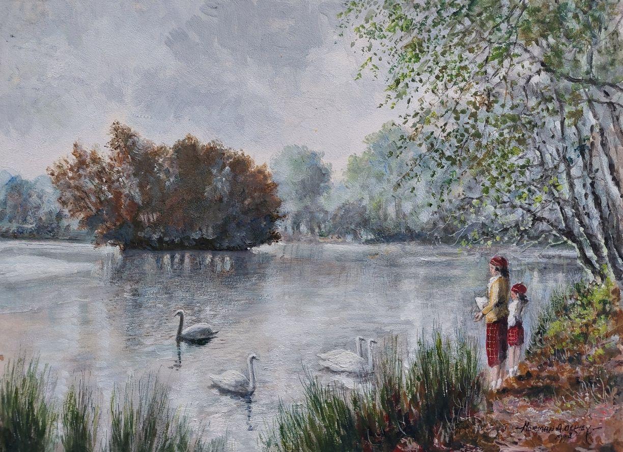 English  School Landscape Painting - Traditional English Painting Children Feeding Swans Richmond Park London