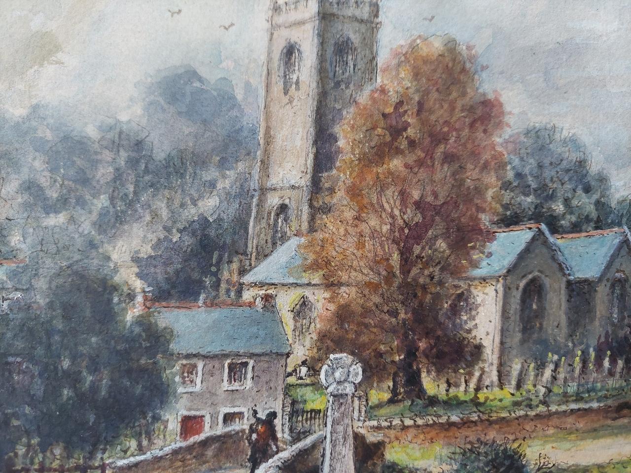 Peinture traditionnelle anglaise Church et figures à Altarnun, Cornish School en vente 2