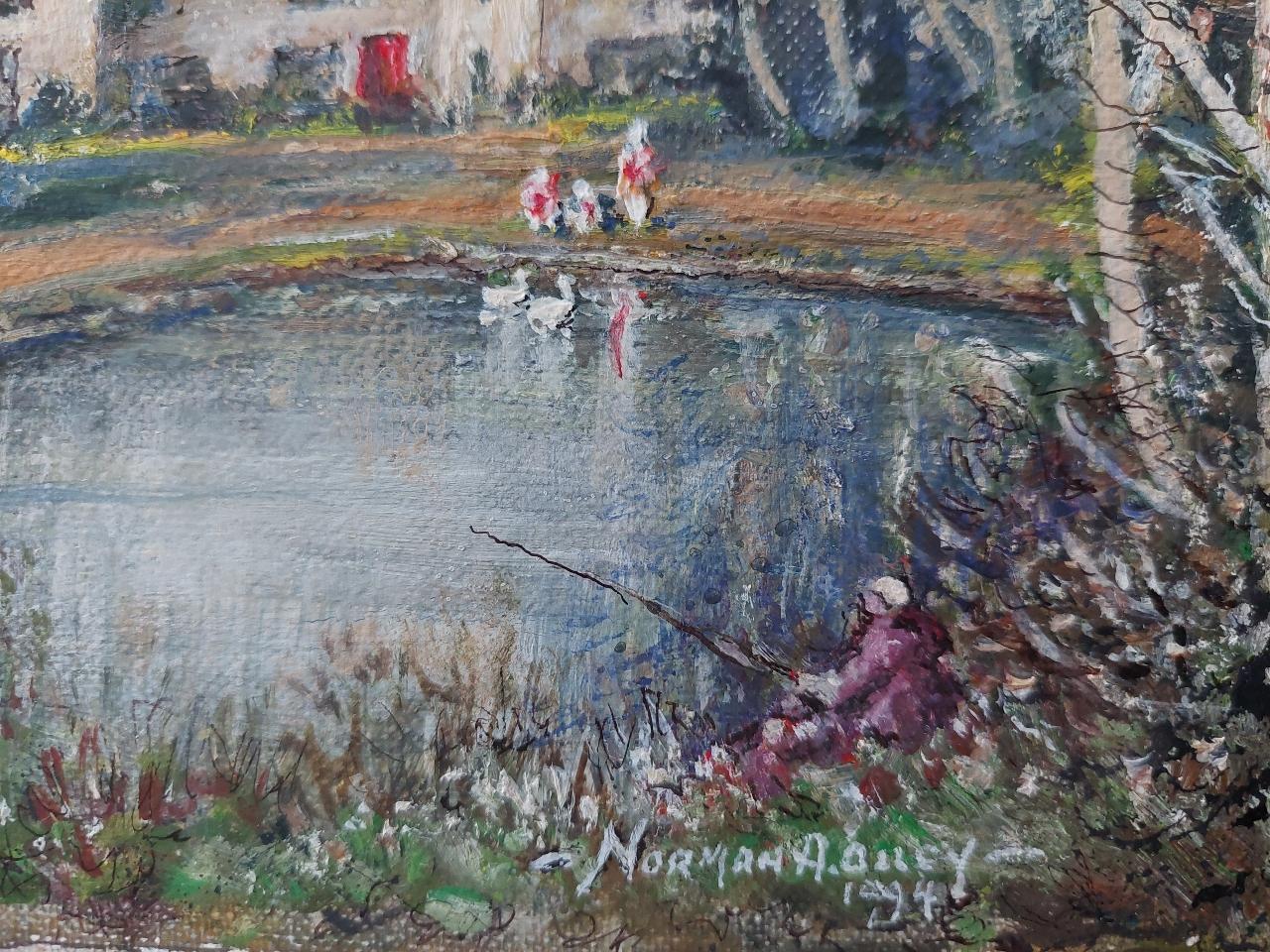 Artist/ School: Norman A. Olley ( British, 20th Century, 1908-1996), 1994, signed to the front and inscribed verso

Title - All Saints Church at Weston Green, Thames Ditton, Surrey, England. Charming scene of children with a figure feeding ducks on