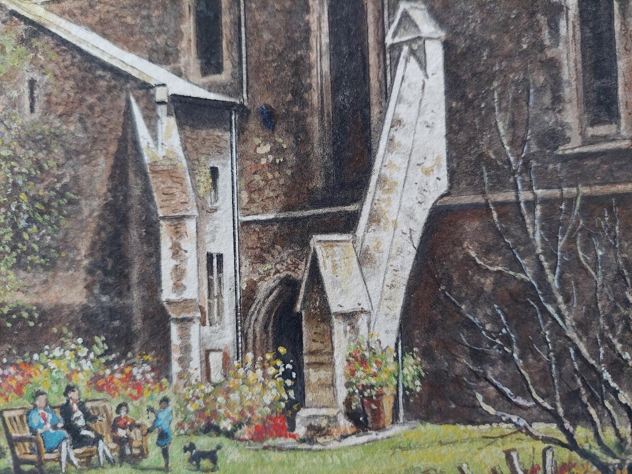 Traditional English Painting Cloister Garth at Rochester Cathedral, Kent For Sale 7