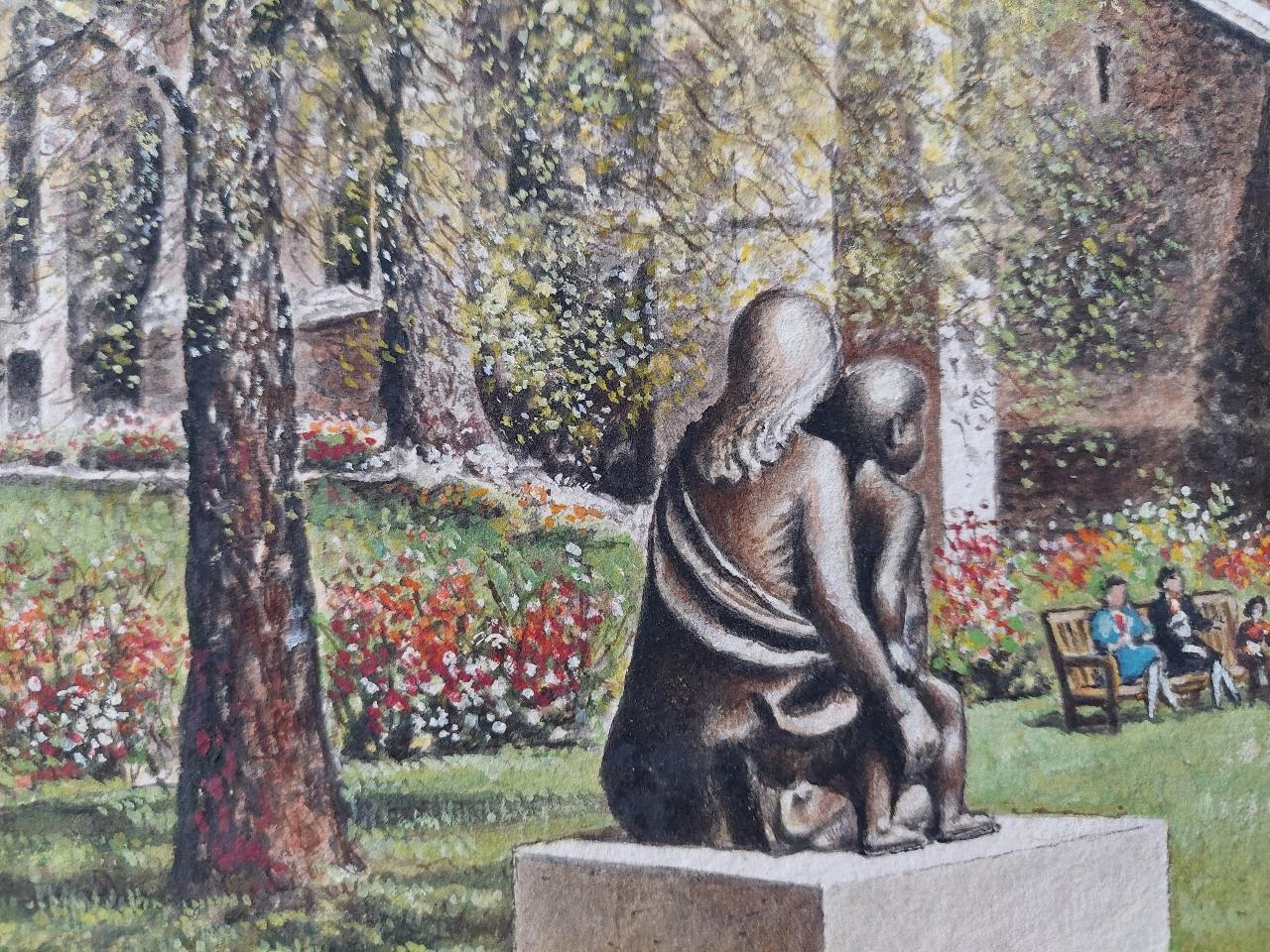 Artist/ School: Norman A. Olley ( British, 20th Century, 1908-1996), 1989, signed to the front and inscribed verso

Title - Cloister Garth of Rochester Cathedral in Kent. This is painted from a position behind the bronze statue of Mary and the Child