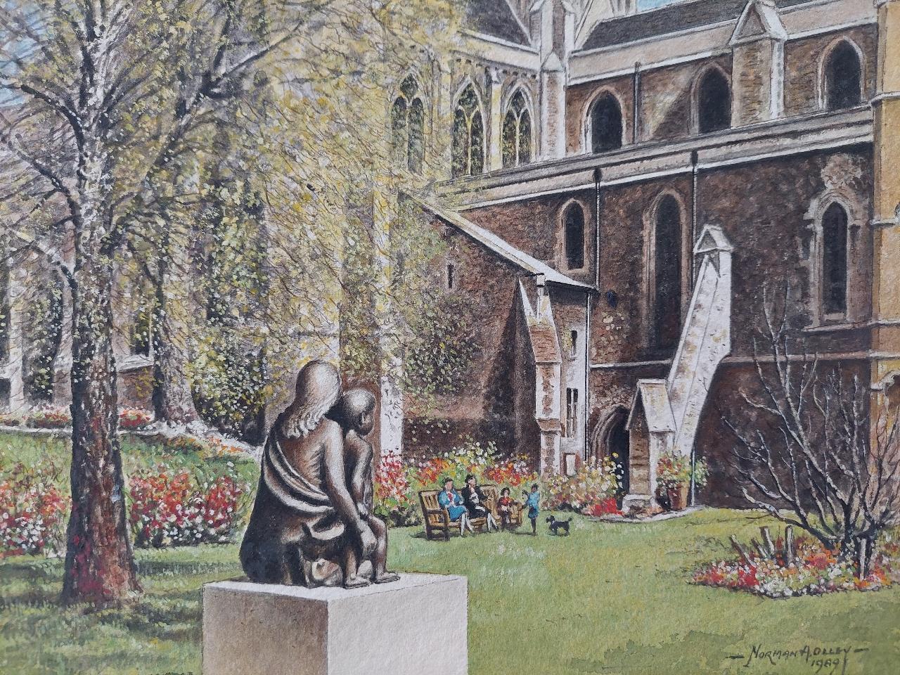 Traditional English Painting Cloister Garth at Rochester Cathedral, Kent For Sale 4