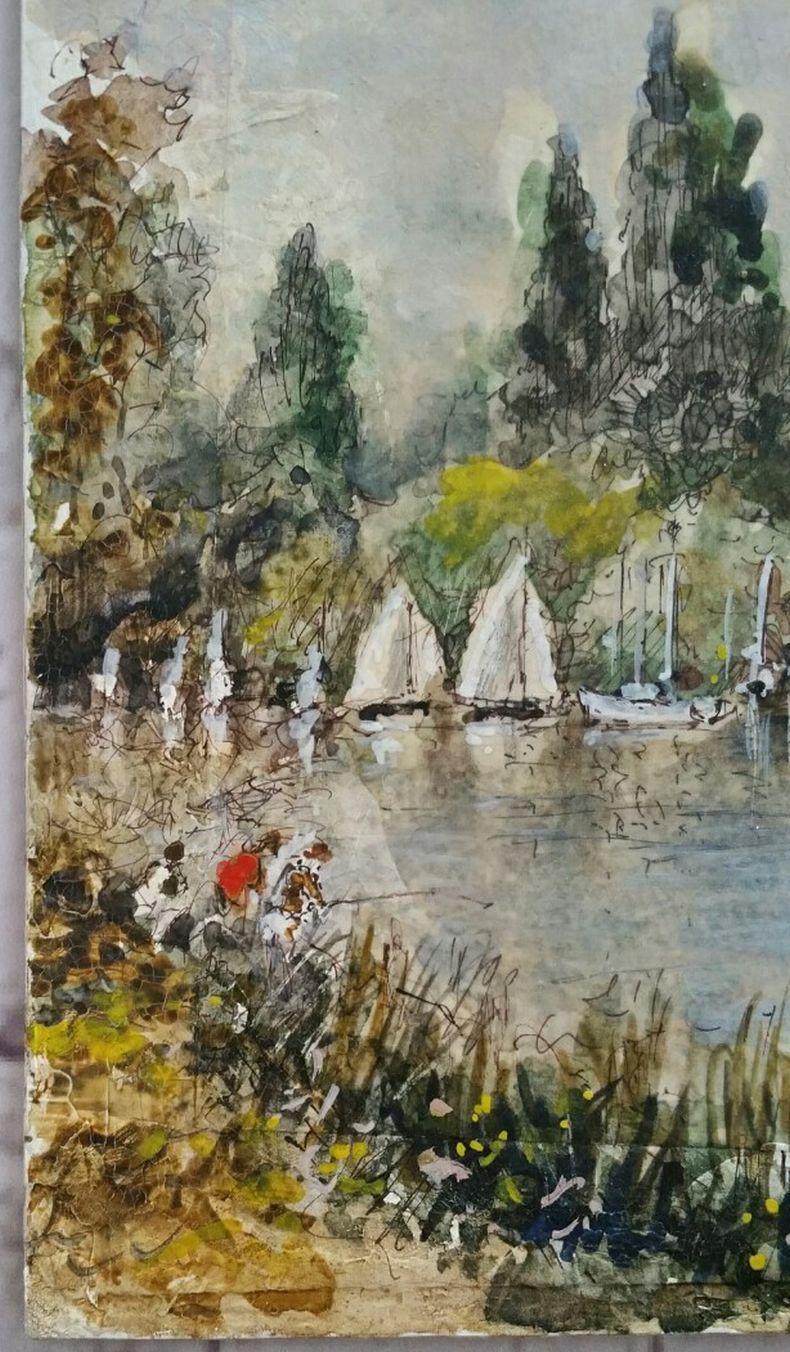Traditional English Painting Constables Boatyard Thames Hampton, England For Sale 1