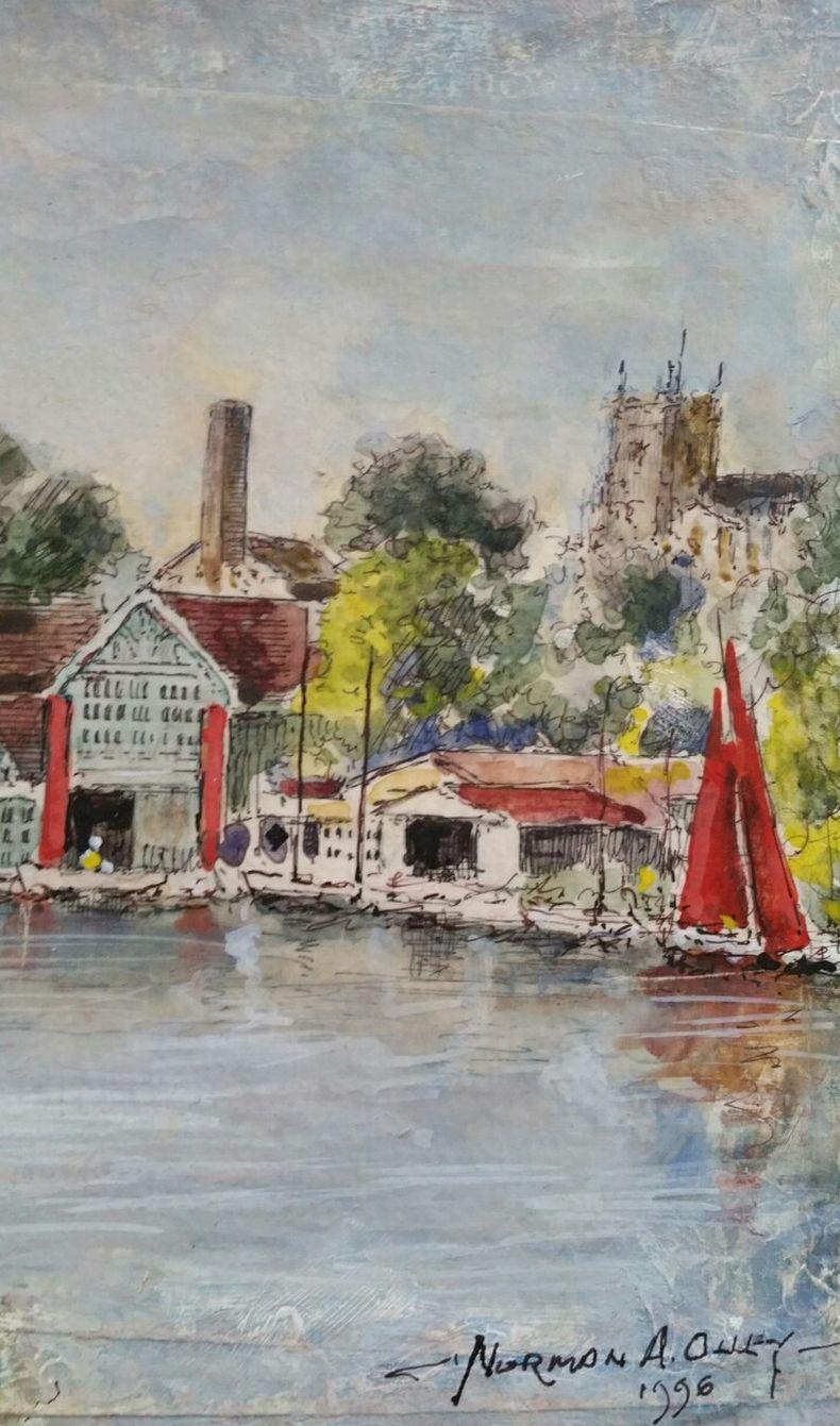 Traditional English Painting Constables Boatyard Thames Hampton, England For Sale 2