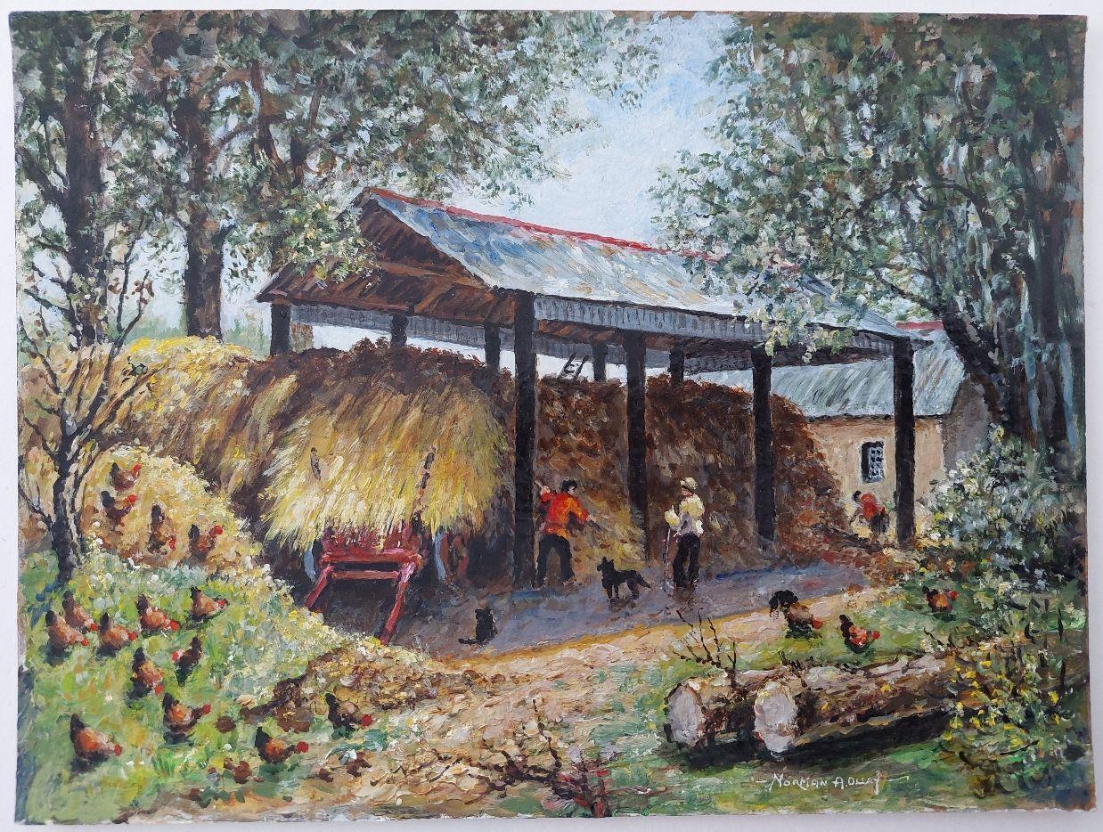 Traditional English Painting Cornish Haybarn on Farm Near Launceston, Cornwall - Gray Landscape Painting by English  School