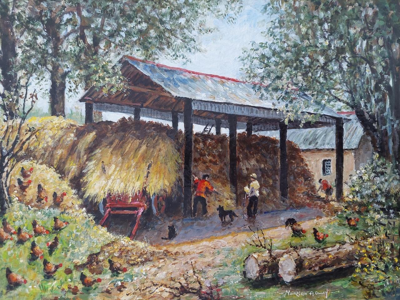 Artist/ School: Norman A. Olley ( British, 20th Century, 1908-1996), undated, signed to the front and inscribed verso

Title - Cornish Haybarn at Treglith Farm near Launceston in Cornwall. Vibrant and beautifully composed scene of figures working to