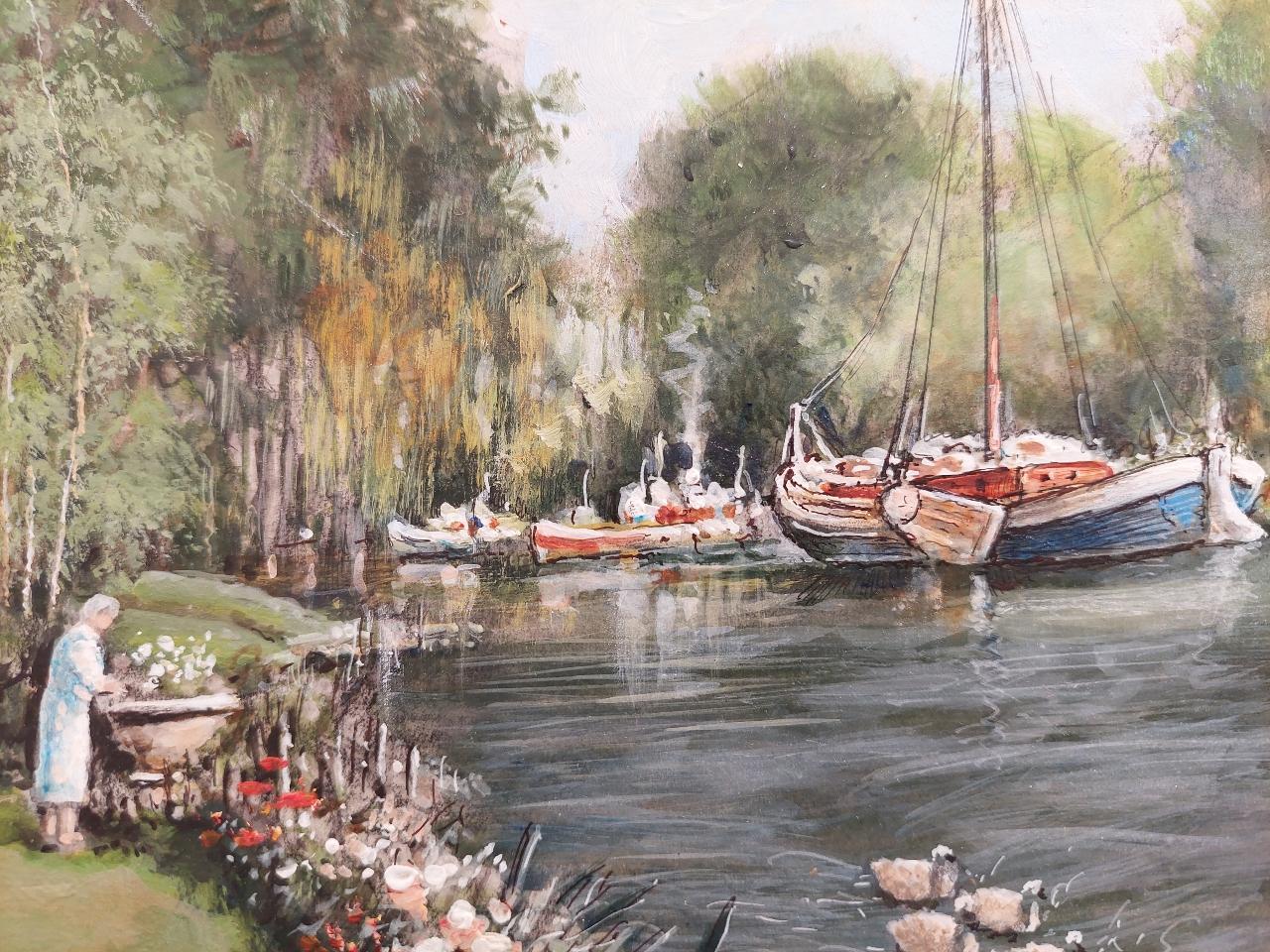 Artist/ School: Norman A. Olley ( British, 20th Century, 1908-1996), dated 1995, signed to the front and inscribed verso

Title - Cottage by the River Thames, a serene scene of the river in summer with a family of swans sailing past a garden being