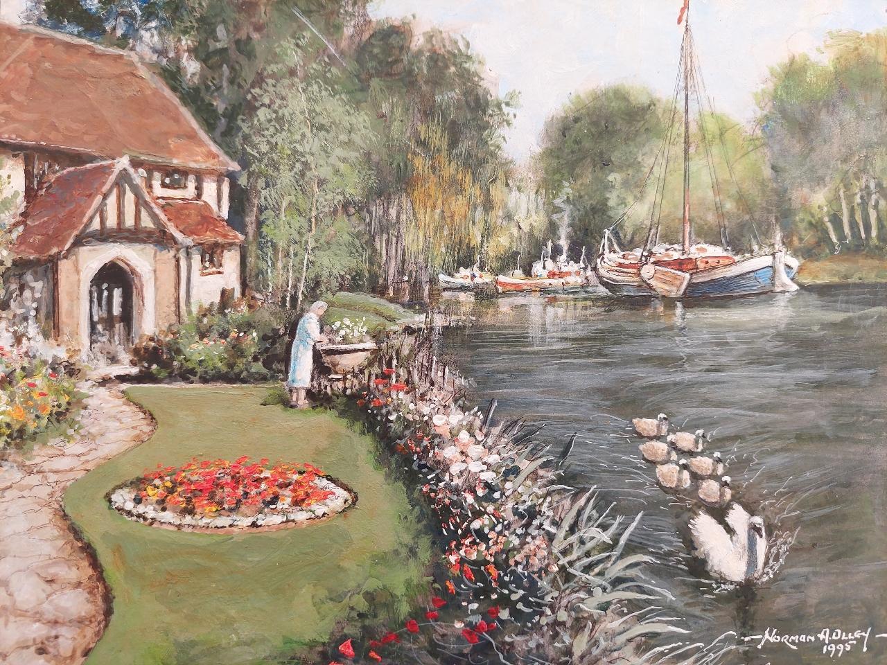 Traditional English Painting Cottage by the River Thames Near London For Sale 3