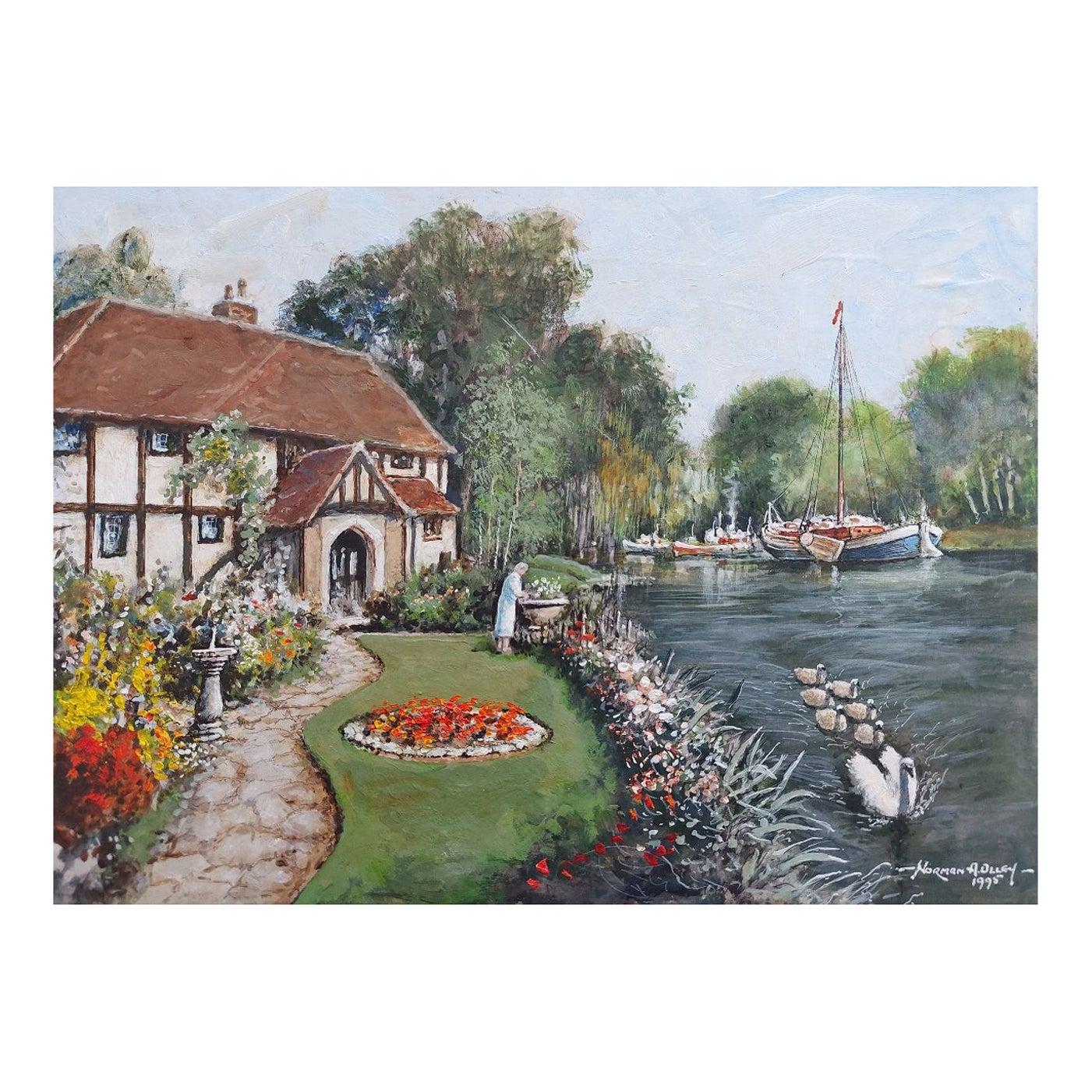 English  School Landscape Painting - Traditional English Painting Cottage by the River Thames Near London