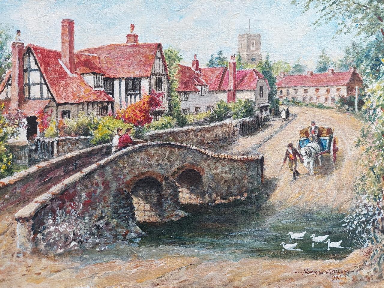 Traditional English Painting Country Village Pack Horse Bridge Crossing River For Sale 1