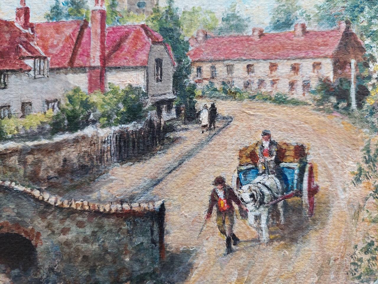 Traditional English Painting Country Village Pack Horse Bridge Crossing River For Sale 2