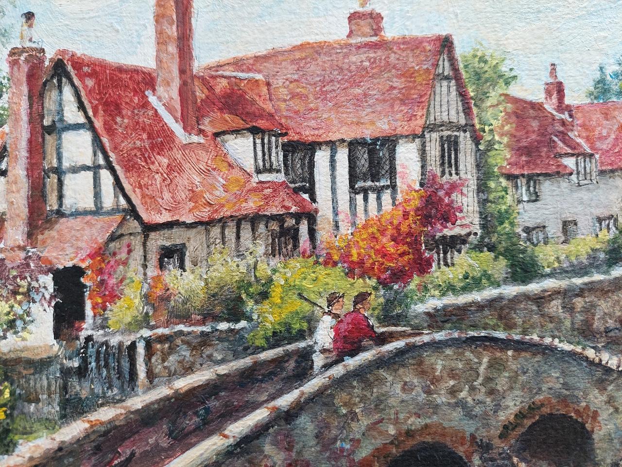 Traditional English Painting Country Village Pack Horse Bridge Crossing River For Sale 3