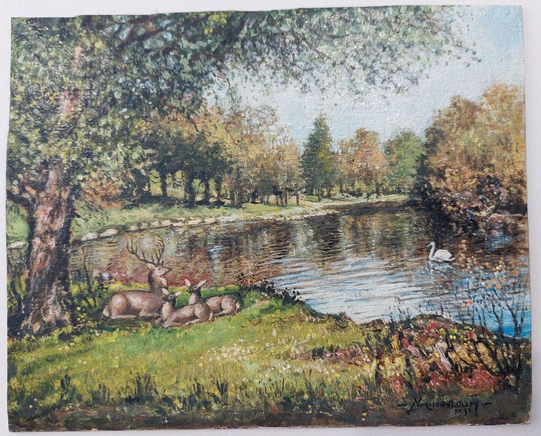 Traditional English Painting Deer by a River in English Parkland - Gray Landscape Painting by English  School