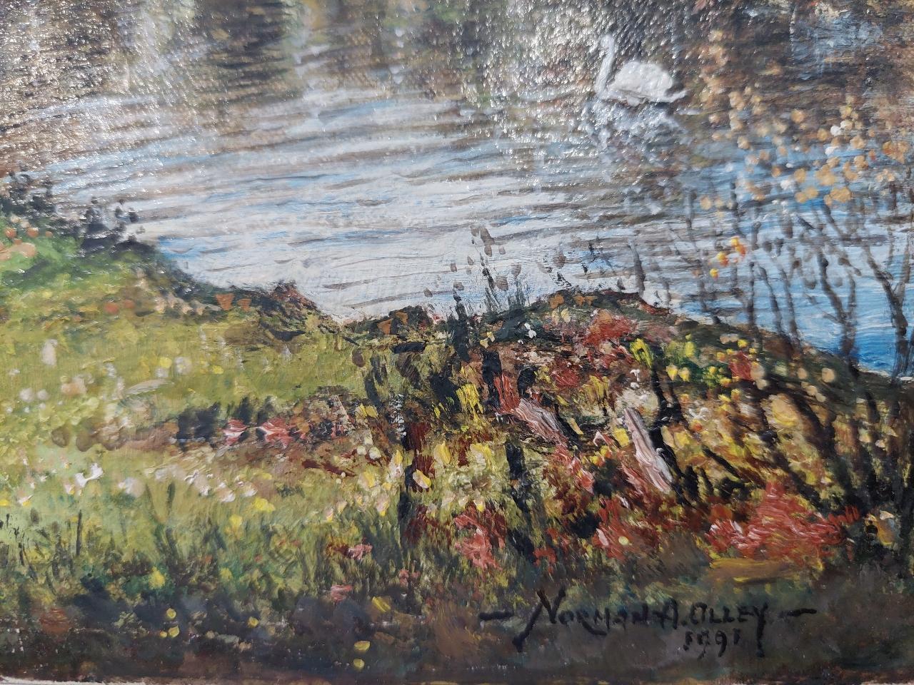 Traditional English Painting Deer by a River in English Parkland For Sale 2