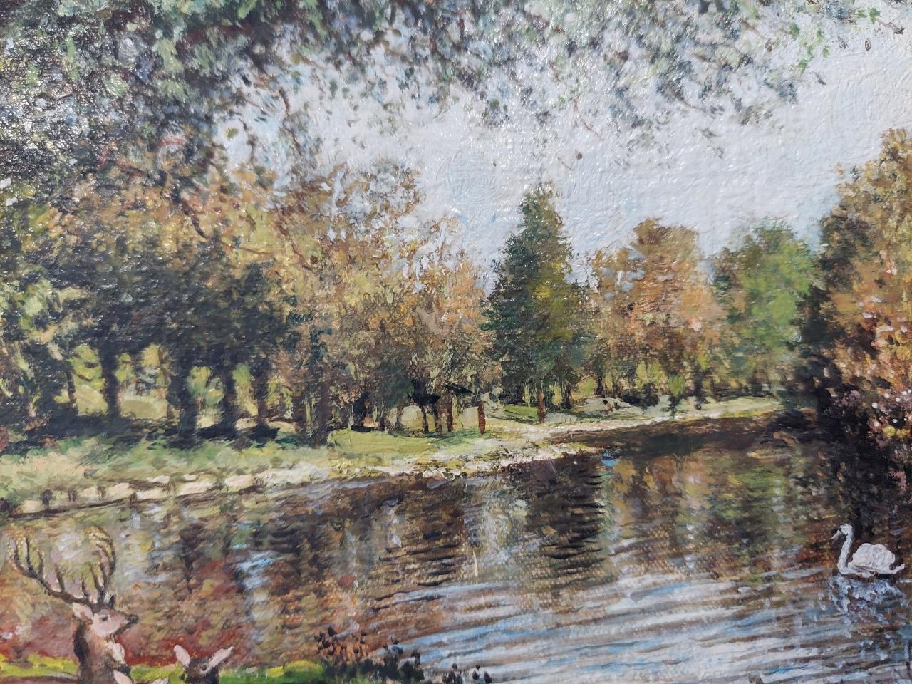 Traditional English Painting Deer by a River in English Parkland For Sale 5