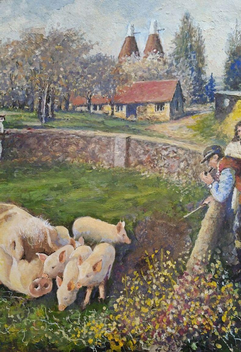 Artist/ School: Norman A. Olley ( British, 20th Century, 1908-1996), dated 1994, signed to the front and inscribed verso

Title - Contentment, an English Farmyard Scene in Kent depicting a family with a young girl admiring their pig and its piglets,