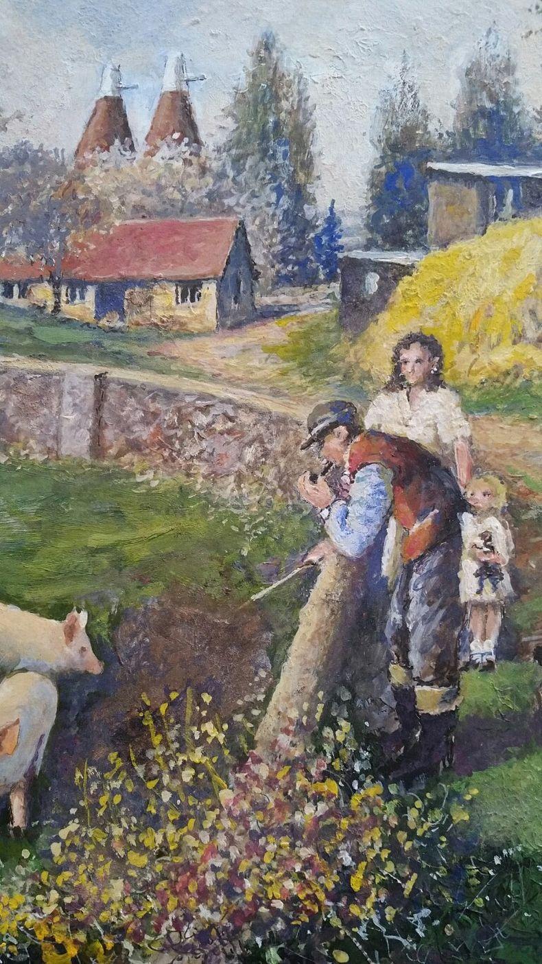 Traditional English Painting English Farmyard Scene in Kent Farmer & Pigs For Sale 3