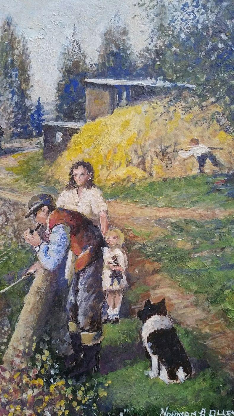 Traditional English Painting English Farmyard Scene in Kent Farmer & Pigs For Sale 4