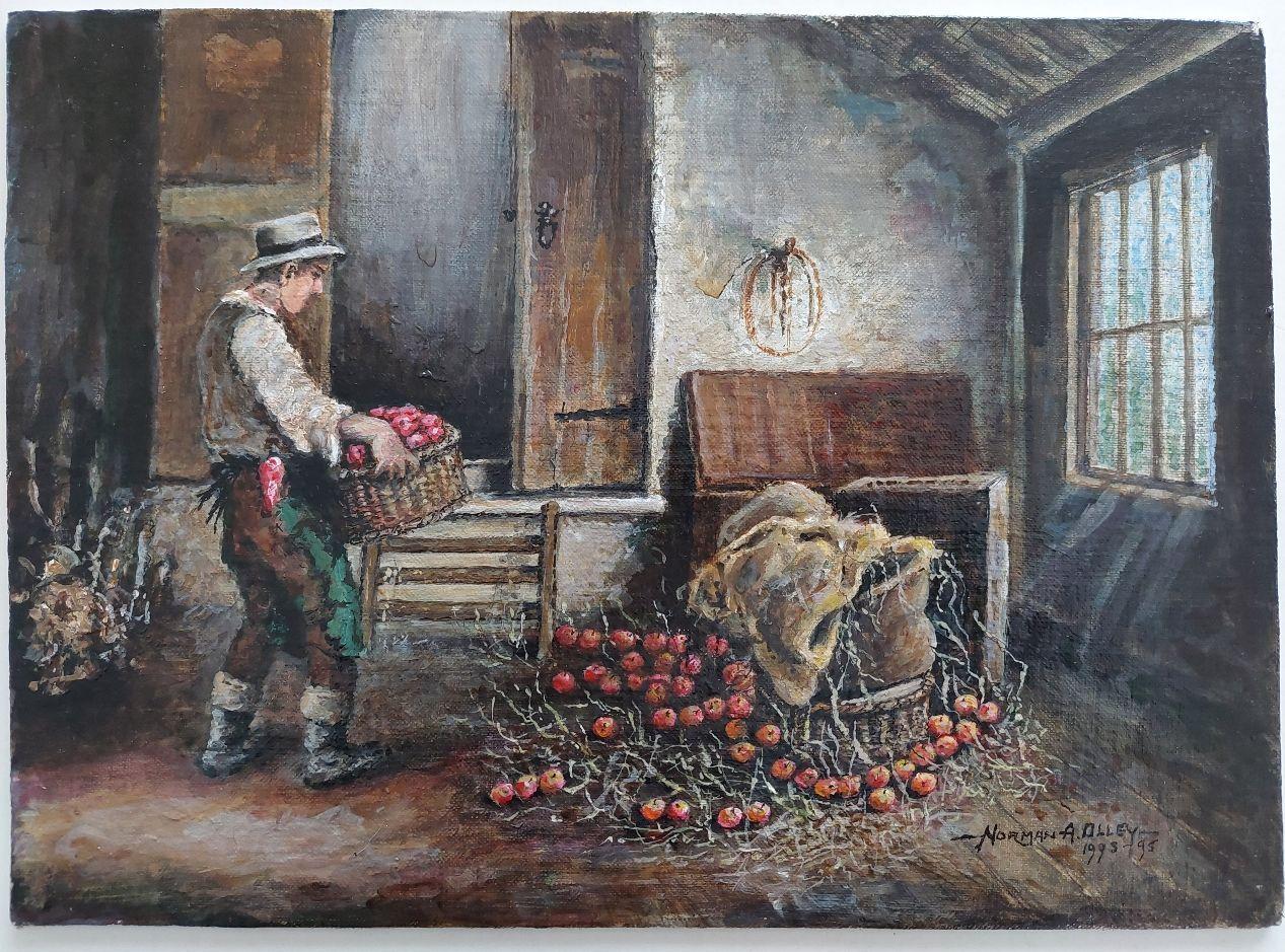 Traditional English Painting Farmer Storing Apples in Higham Oast House, Kent - Gray Landscape Painting by English  School