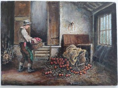 Traditional English Painting Farmer Storing Apples in Higham Oast House, Kent