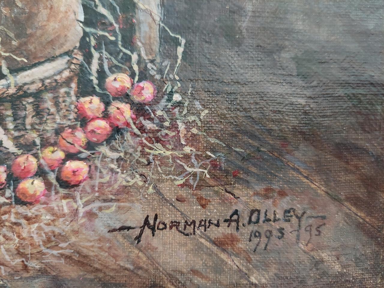 Artist/ School: Norman A. Olley ( British, 20th Century, 1908-1996), dated 1993-95, signed to the front and inscribed verso

Title - In the Oast House at Higham in Kent. Farmworker Timothy sorting and storing apples. A lovely atmospheric work in the