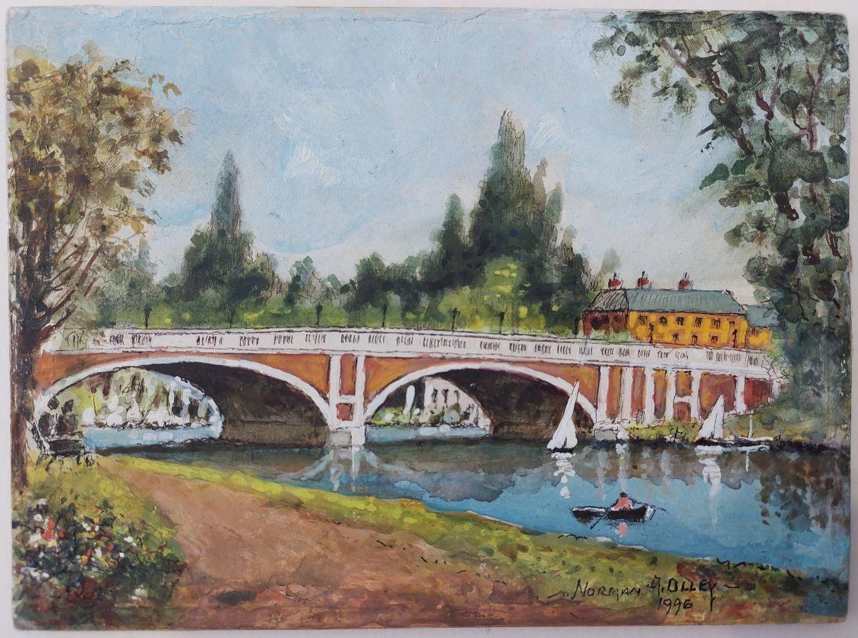 Traditional English Painting Hampton Court Bridge in London - Gray Landscape Painting by English  School