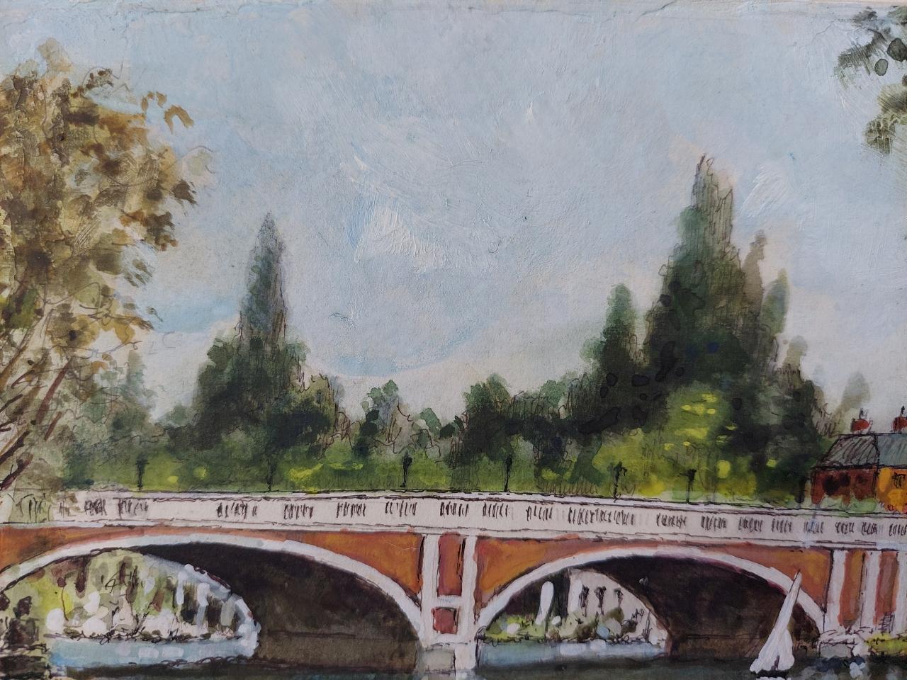 Artist/ School: Norman A. Olley ( British, 20th Century, 1908-1996), 1996, signed to the front and inscribed verso

Title - Hampton Court Bridge from Cygnet Island, a London scene depicting a well loved stretch of the River Thames near Hampton Court