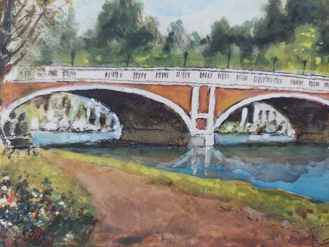 Traditional English Painting Hampton Court Bridge in London For Sale 3