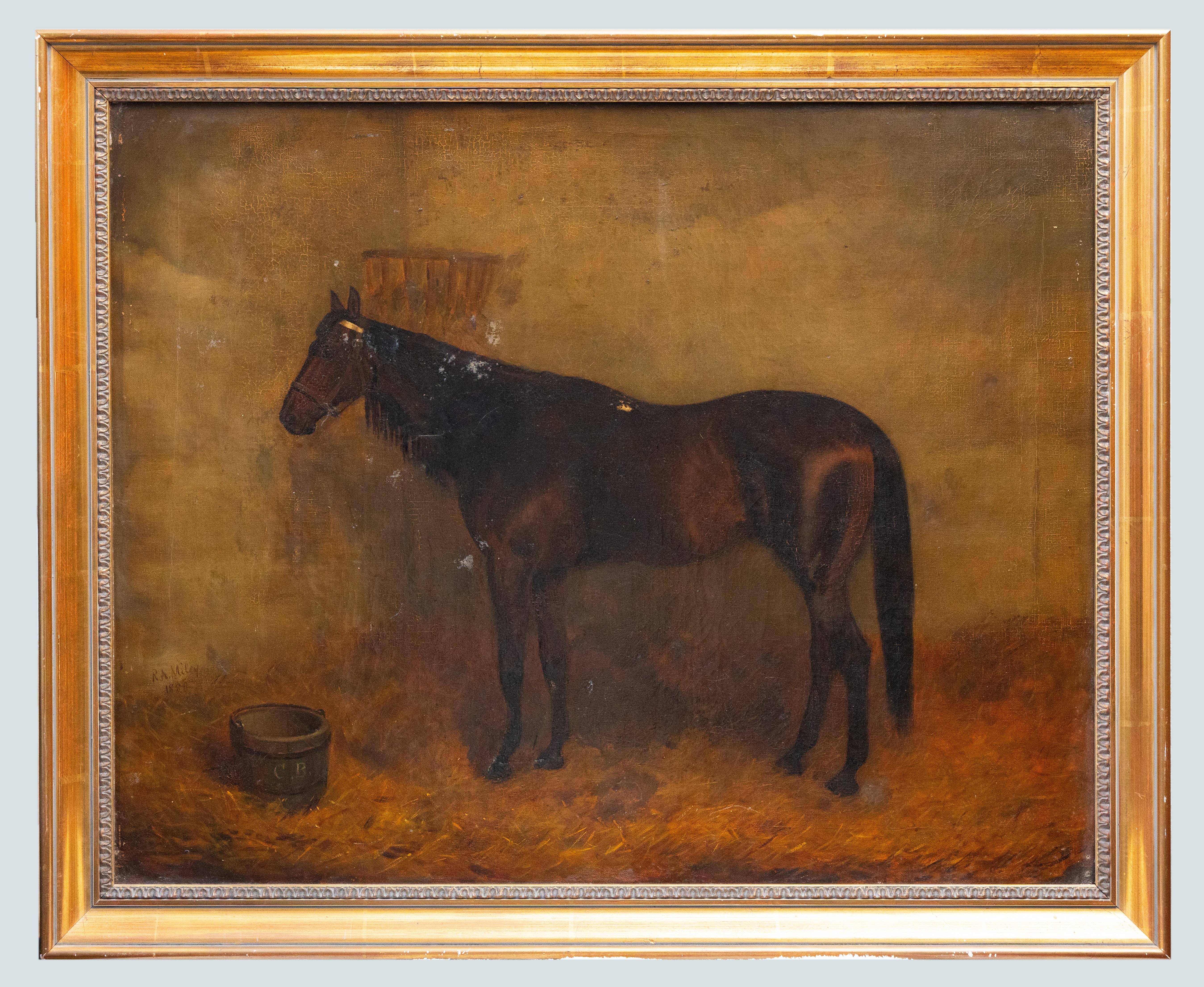 Cavallo in una stalla, Olio su tela, stile accademico, XIX secolo, incorniciato