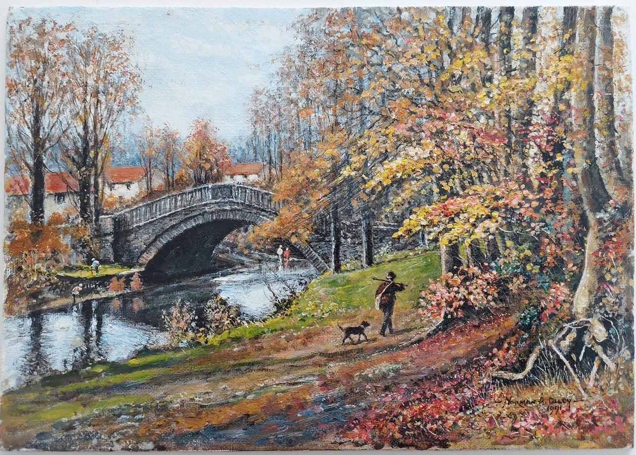 Traditional English Painting Huntsman and Dog by a Yorkshire Bridge - Gray Landscape Painting by English  School
