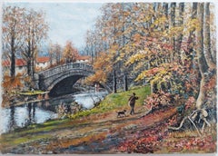 Pittura tradizionale inglese Cacciatore e cane presso un ponte dello Yorkshire