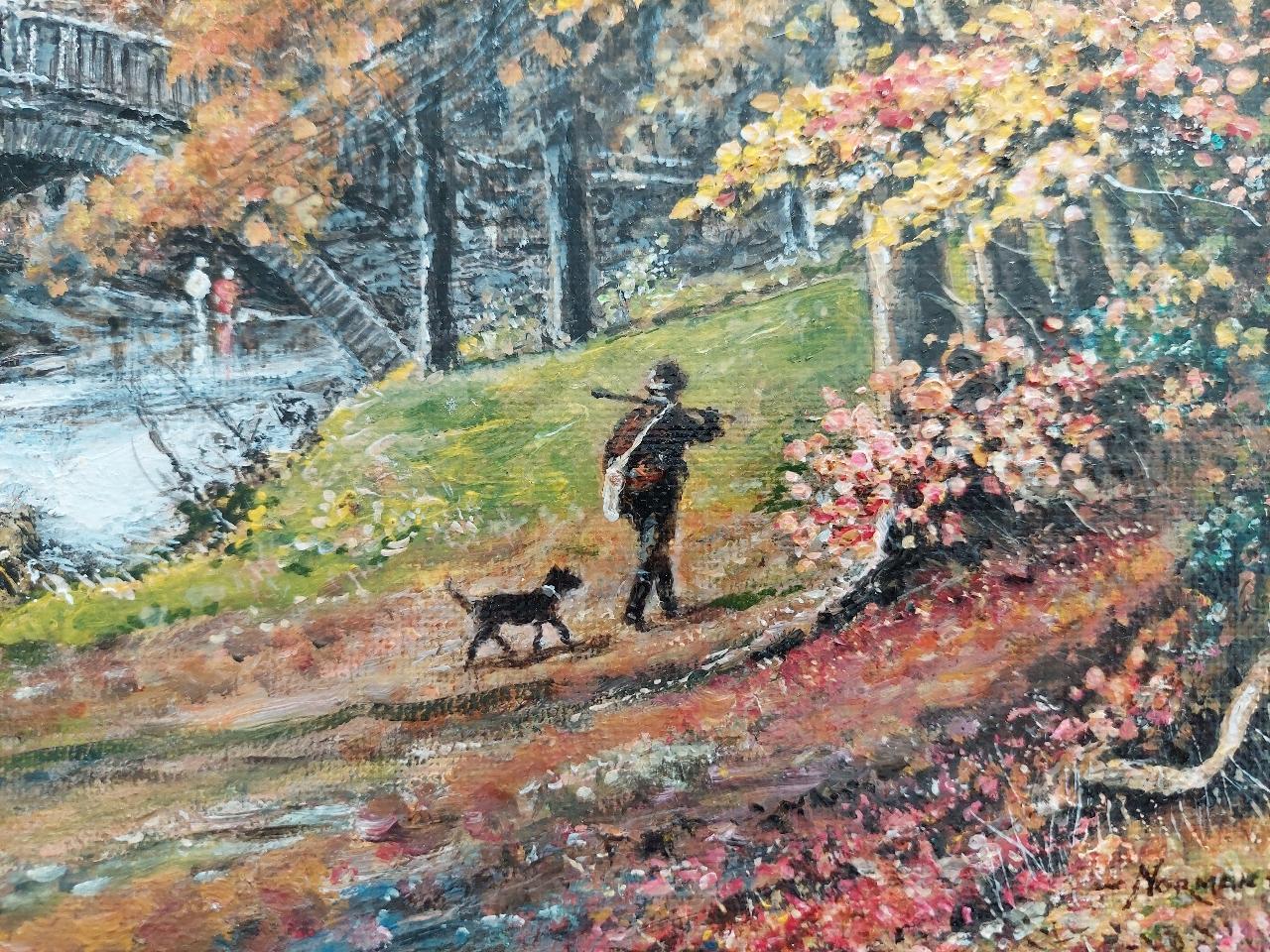 Traditional English Painting Huntsman and Dog by a Yorkshire Bridge For Sale 1