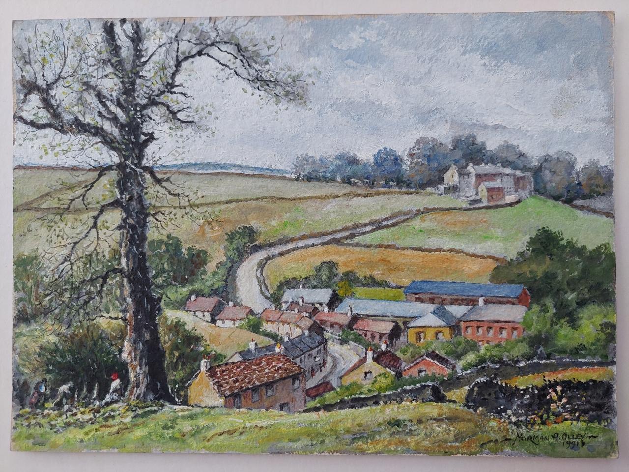 Traditional English Painting Landscape at Goose Eye Farm Braithwaite Yorkshire - Gray Landscape Painting by English  School