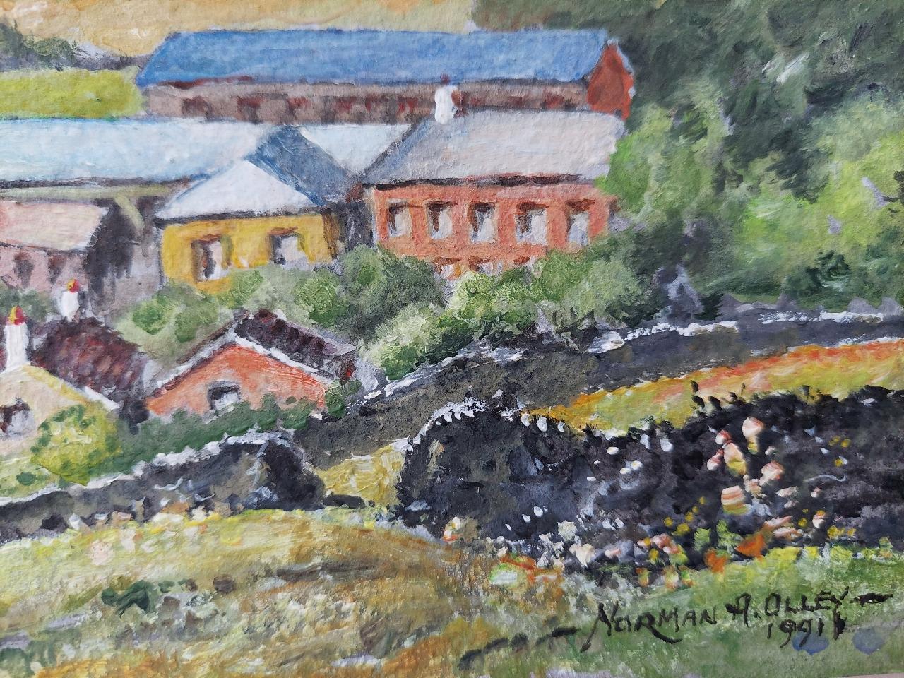 Artist/ School: Norman A. Olley ( British, 20th Century, 1908-1996), 1991, signed to the front and inscribed verso

Title - View of Goose Eye Farm near Braithwaite Yorkshire, England. Charming rural farming landscape in the Yorkshire Dales. Figures