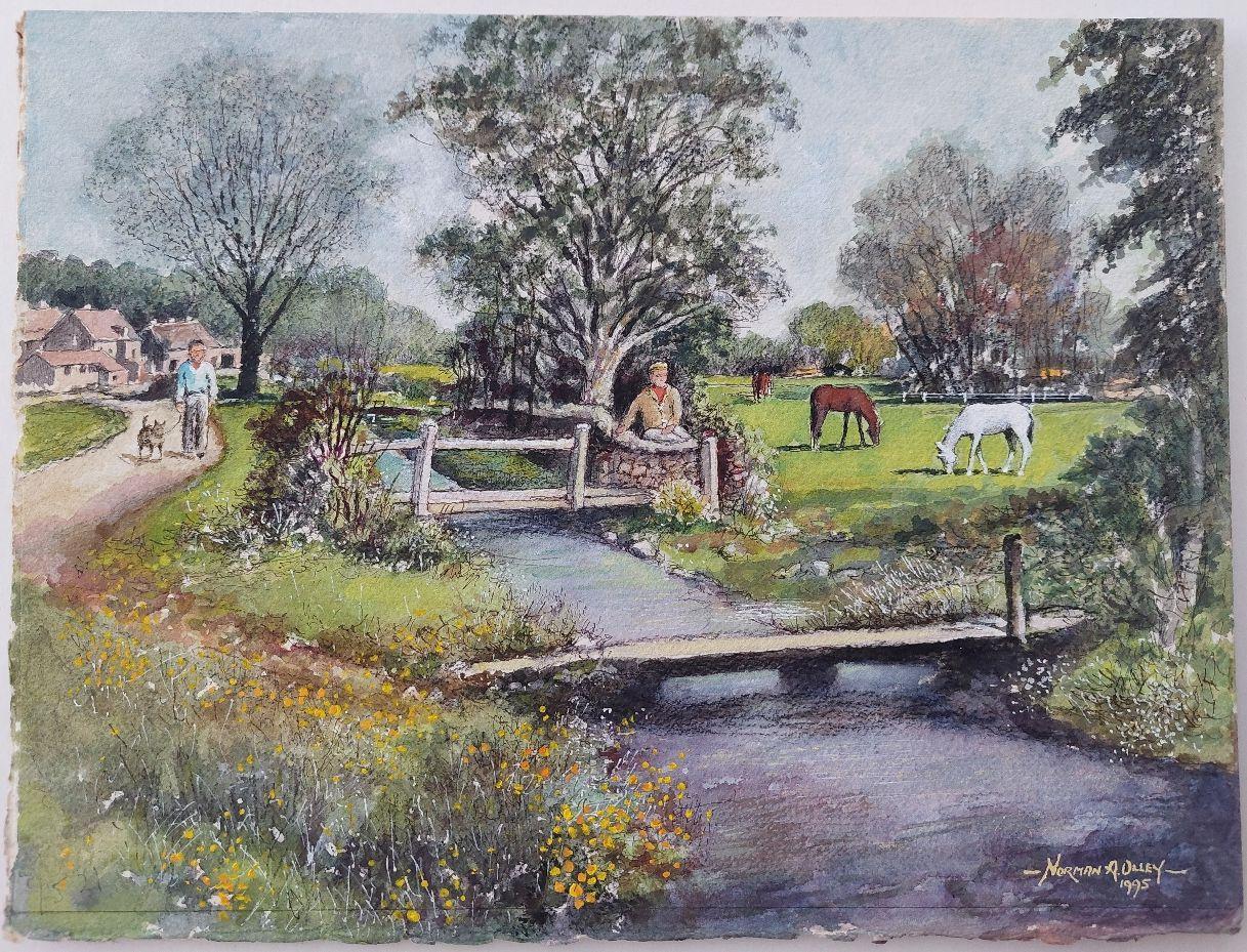 Traditional English Painting of a Village Scene with Figures, Dog and Horses - Gray Landscape Painting by English  School